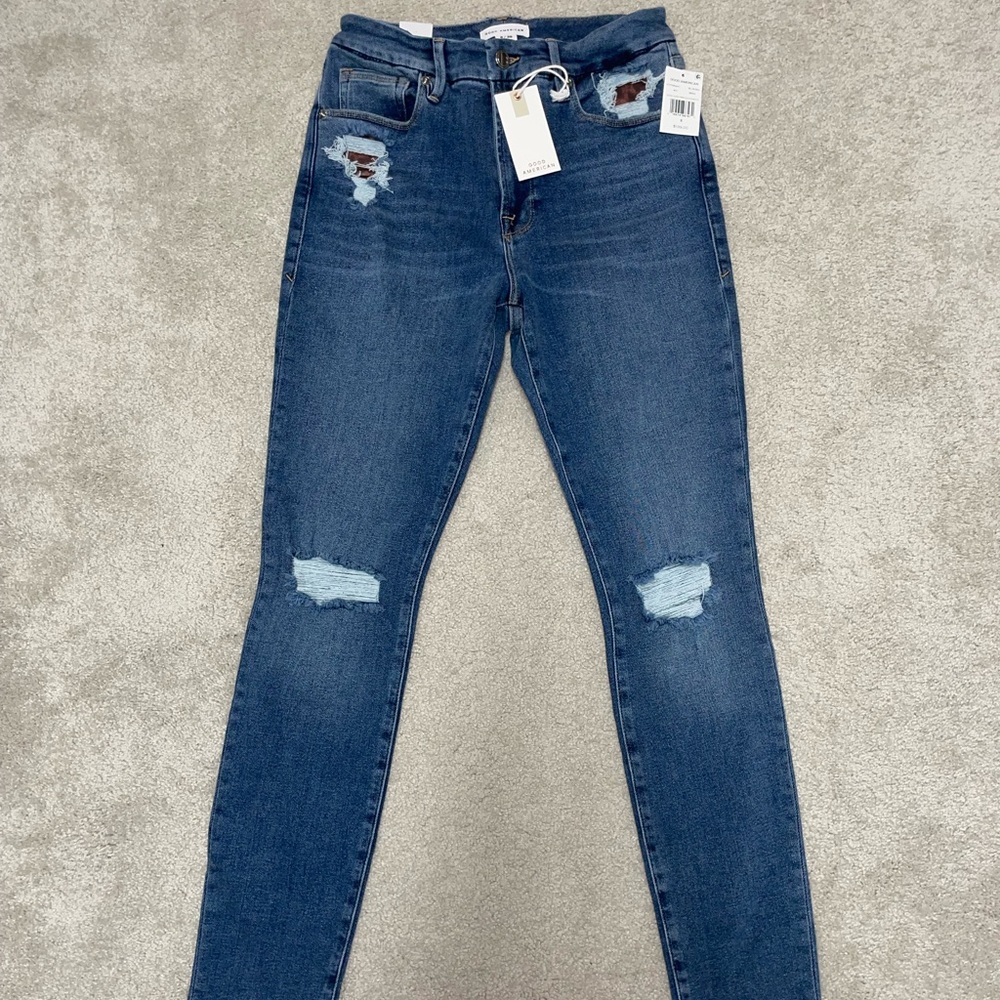 NEW Good American Womens Good Legs Printed Pocket Denim Blue Jeans Size 6 / 28